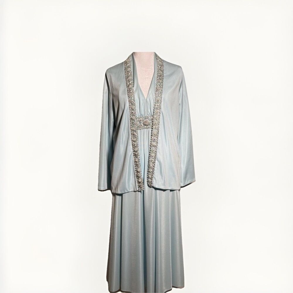 Vintage Jack Bryan Size 7 Beaded Chiffon Dress Jacket Set Light Blue Formal
